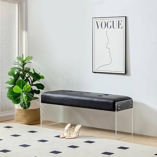 Black Linen Upholstered End of Bed Storage Bench with Transparent Legs, Modern Folding Ottoman, 660lbs Capacity