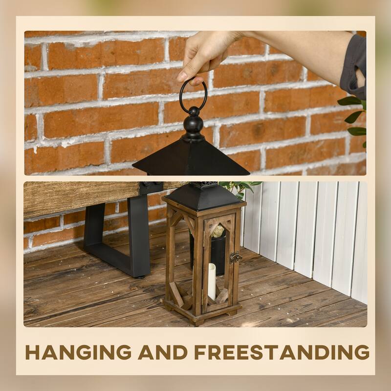 HOMCOM 2 Pack 31"/21" Large Rustic Lantern Decorations, Hanging Wooden Metal Indoor Covered Outdoor Lantern