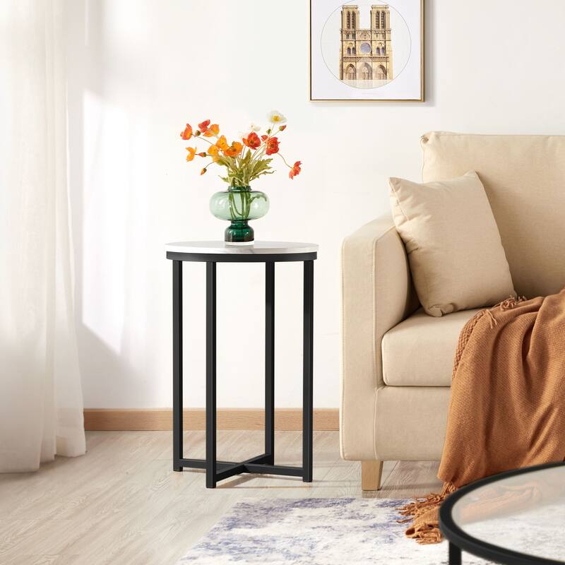 Yaheetech X-Based Faux Marble Side Table Round Tabletop and Metal Legs - Black
