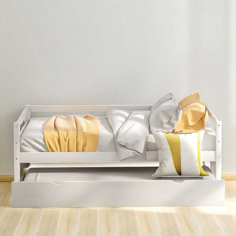 Twin Size Wood Daybed with Trundle, Solid Pine Frame, Guardrails and No Box Spring Required