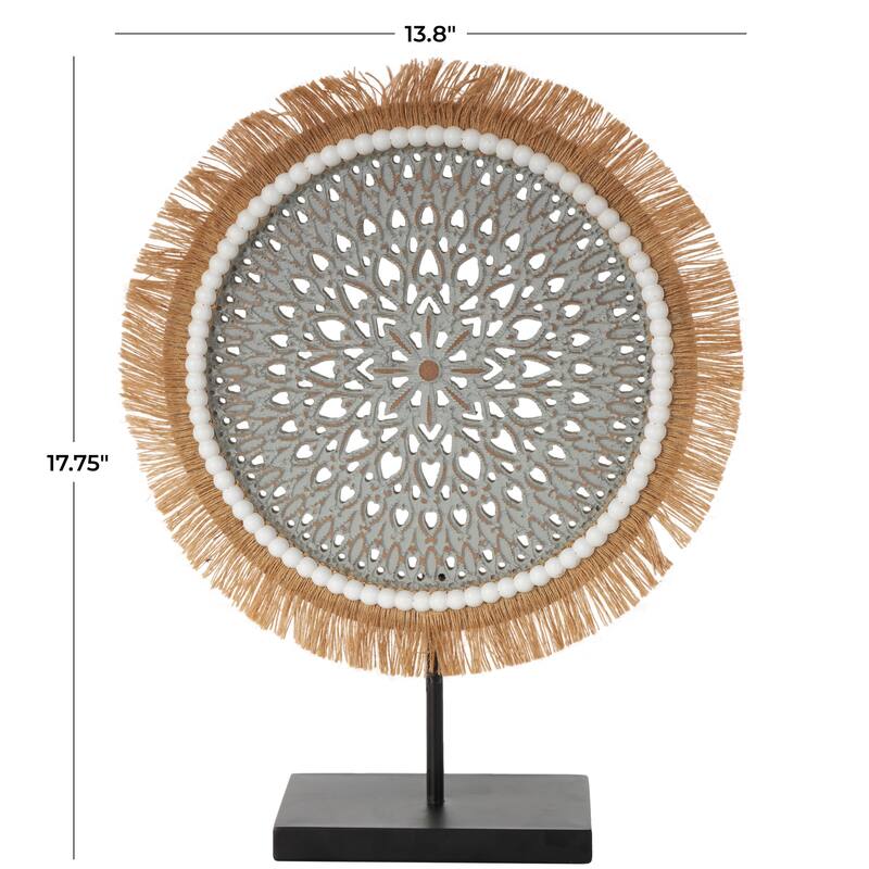 White or Gray Wooden Handmade Seagrass Fringed Sculpture with Black Base