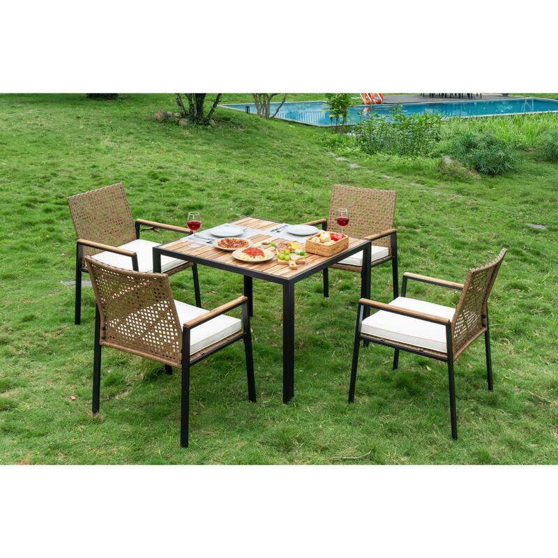 All Weather 5-Piece Patio Dining Table Sets, Patio Conversation Set Acacia Wood Table Top with Umbrella Hole, Rattan Outdoor