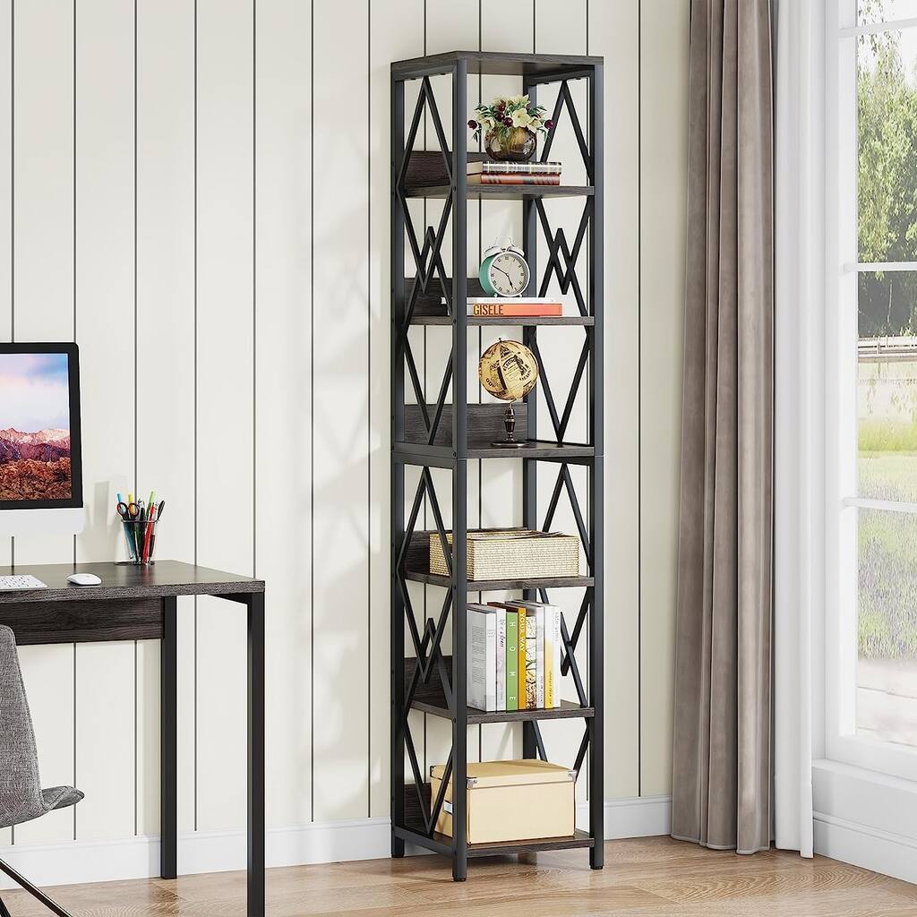 6-Tier Bookshelf, 75 Inches Tall Bookcase, Grey Display Storage Shelf