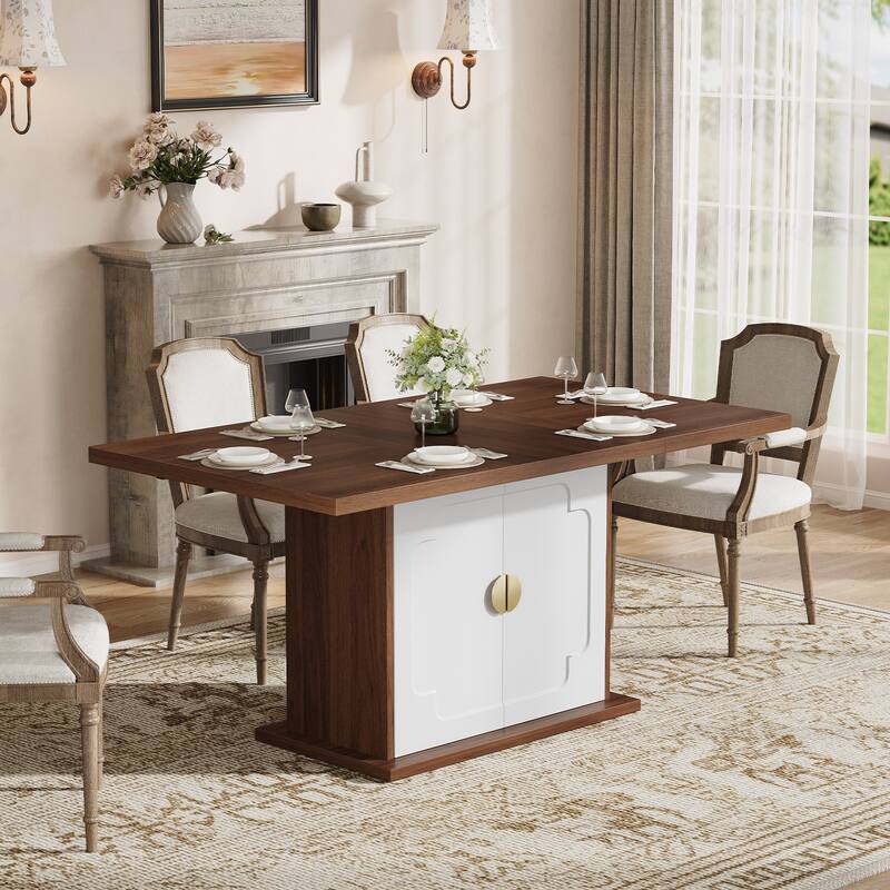 Rossetta 63" Rectangular Kitchen Dining Table with Pedestal Base and Storage Shelves, Easy Assembly