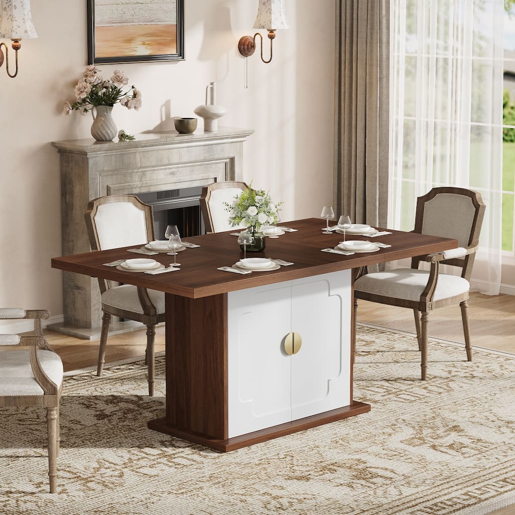 Rossetta 63" Rectangular Kitchen Dining Table with Pedestal Base and Storage Shelves, Easy Assembly