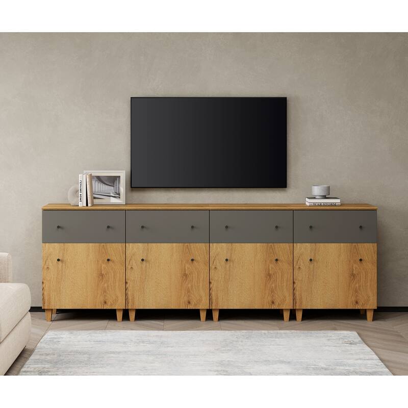 WAMPAT Modern TV Cabinet Stand with Drawers and Door - 94.4" - 4 Pack - Oak Brown & Dark Grey