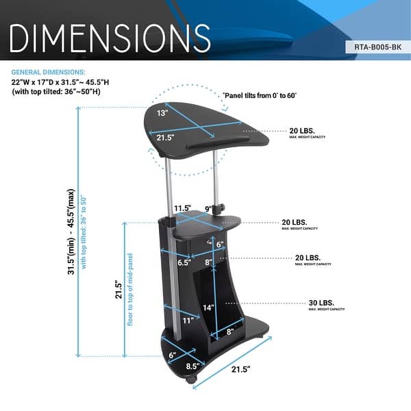 Techni Mobili Adjustable Sit-to-Stand Rolling Laptop Cart with Tilt Top and Storage