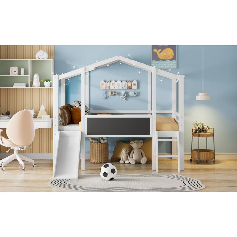 Twin Loft Bed with Slide, Ladder, Blackboard, and Light Strip, White and Gray