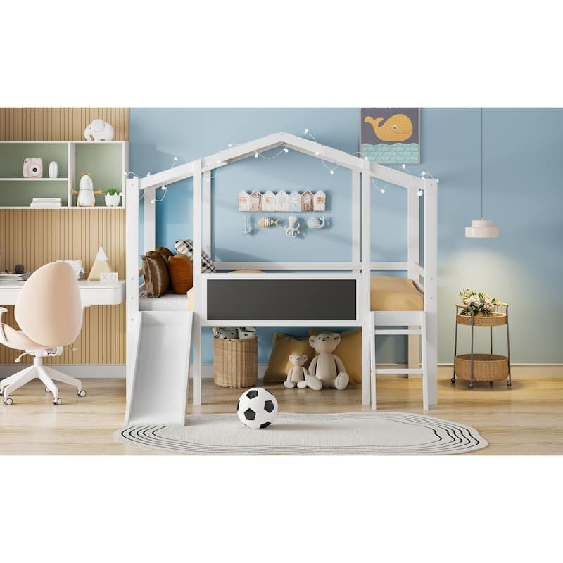 White Twin Size Solid Wood Loft Bed with Slide
