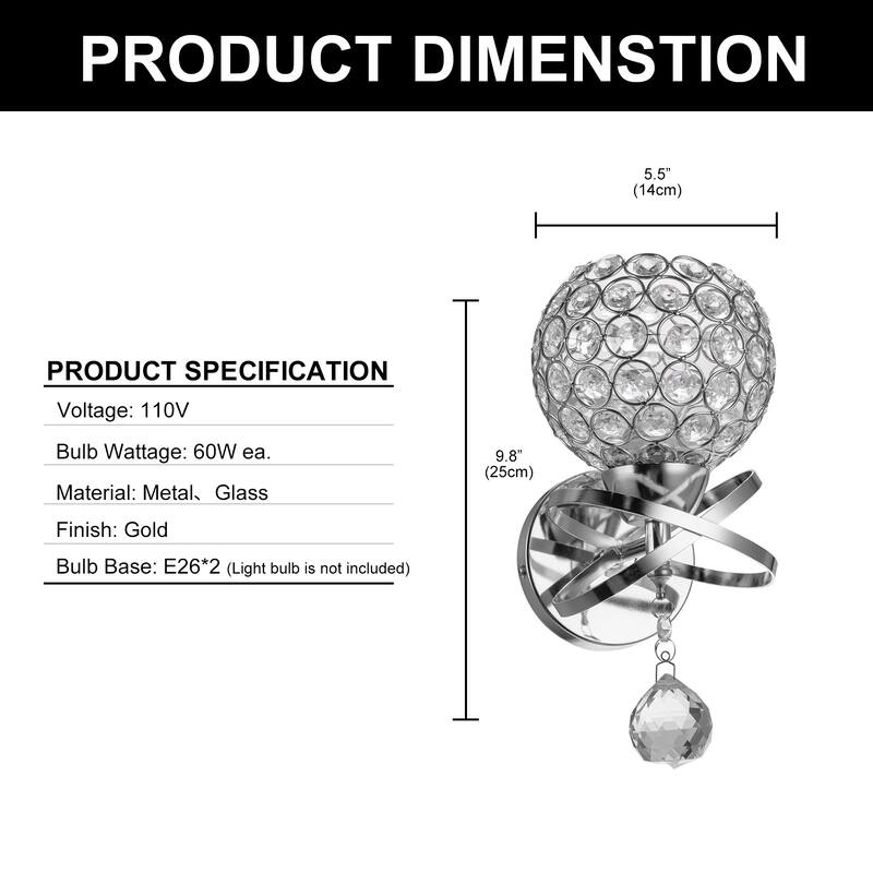 YANSUN 5.12 in. 1-Light Chrome Indoor Antique Modern Rustic Wall Sconce with Metal Crystal Shade - 5.12in.