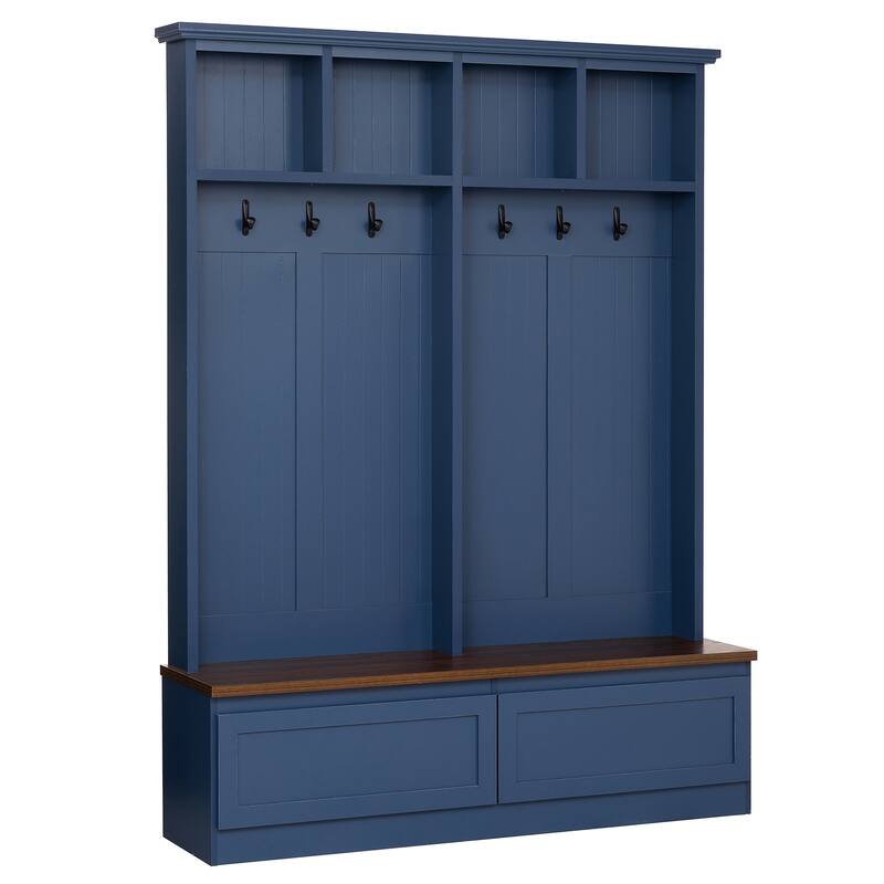 Farmhouse Wood Hall Tree with Shoe Bench and 2 Large Drawers, 4-in-1 Coat Rack with 6 Hooks