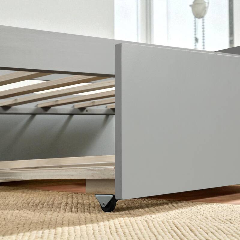 Twin Size Wood Daybed with Trundle, Solid Pine Frame, Guardrails and No Box Spring Required