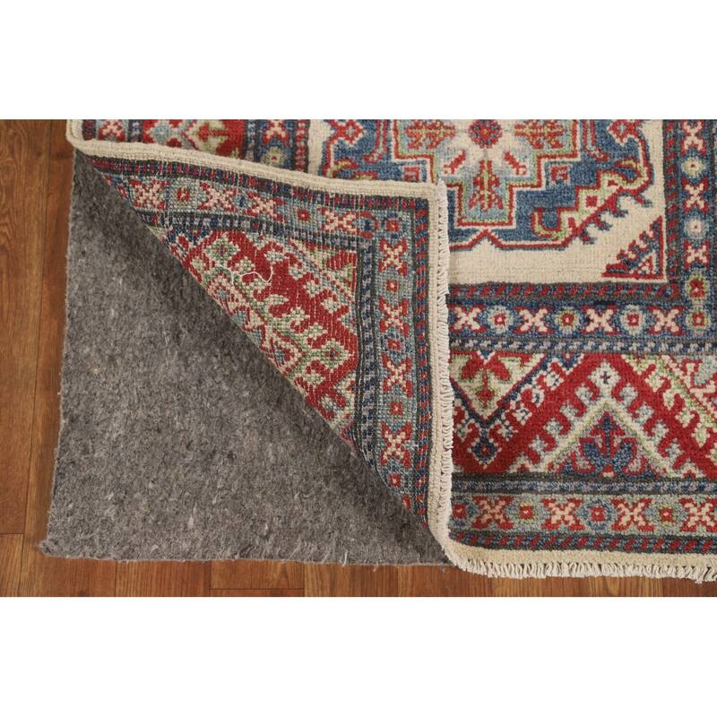 Geometric Kazak Runner Rug Handmade Beige Wool Carpet - 2'7" x 15'6"