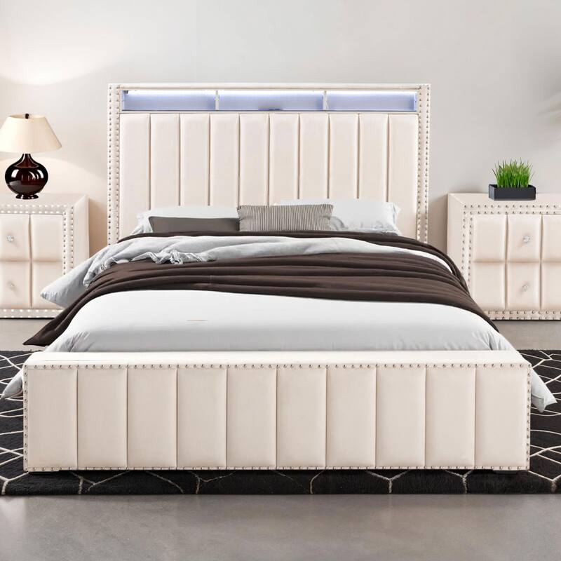 247 Shop At Home Fynor Modern Velvet Queen Platform Bed with LED Headboard, USB Ports and Shelves - Beige