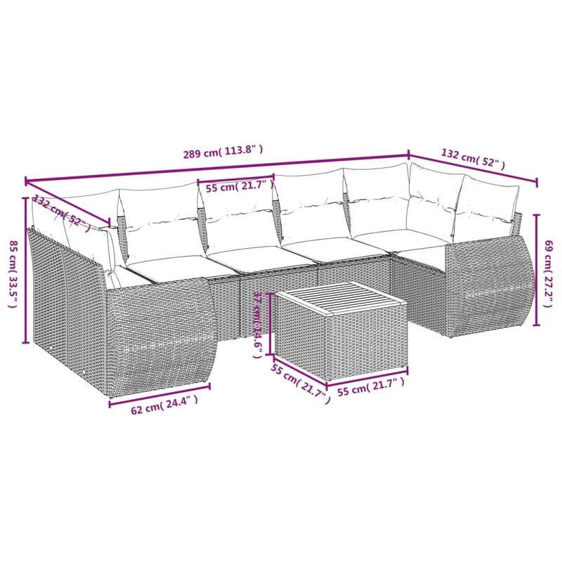 vidaXL Patio Sofa Set with Cushions Outdoor Furniture 8 Piece Poly Rattan - 24.4 x 27.6 x 27.2