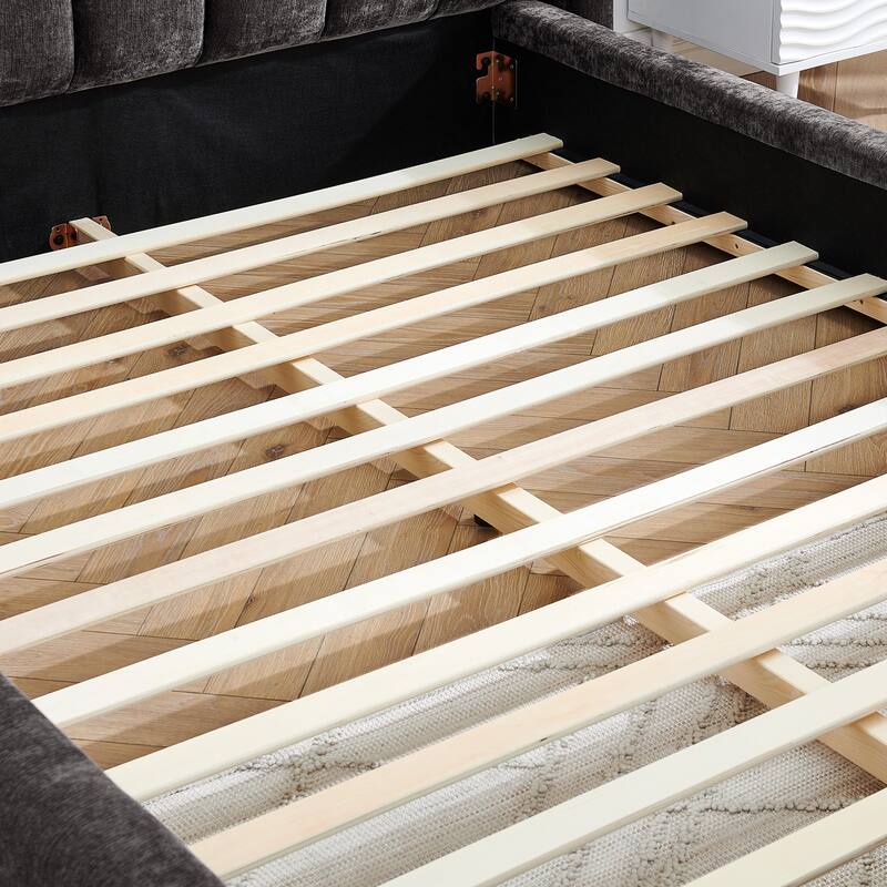 Upholstered Bed Frame with Thick Fabric, Chenille Fabric Grounded Platform Bed with Headboard and Solid Frame