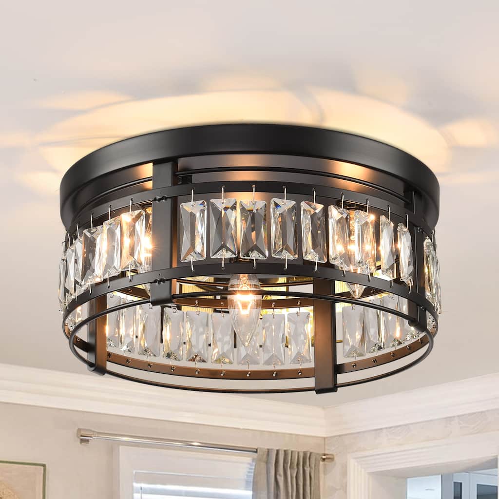 13.3" Modern Black 3-Light Crystal Hallway Flush Mount Chandelier