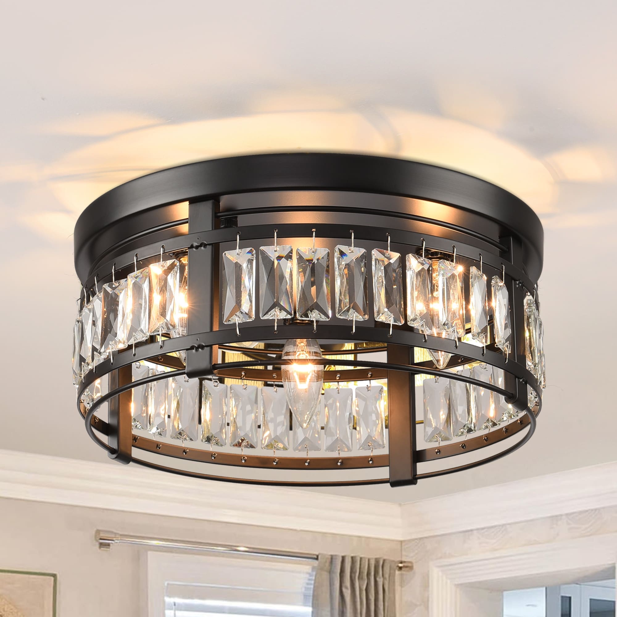 Parrot Uncle 13.3" Black Metal Crystal Dimmable 3 Light Flush Mount Ceiling Light Fixture for Hallway