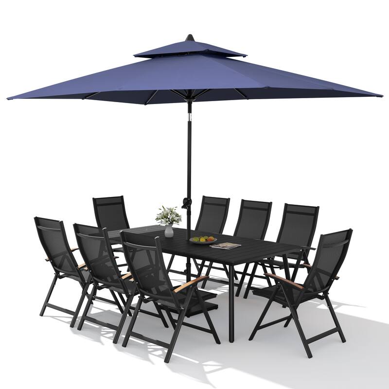 11PC Outdoor Patio Dining Set Aluminum Table with Folding Armchairs w/ Market Umbrella Sets