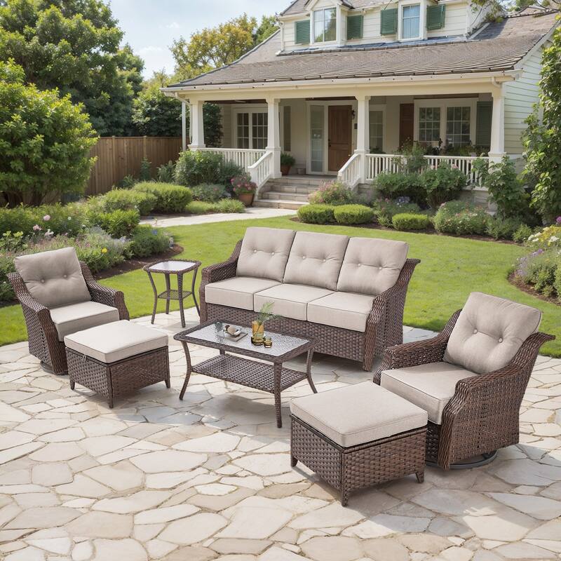 Gymojoy Wicker Patio Furniture Sofa Set, 6-Inch Ultra Thick Cushioned 360°Swivel Glider Chairs & Sofa Set