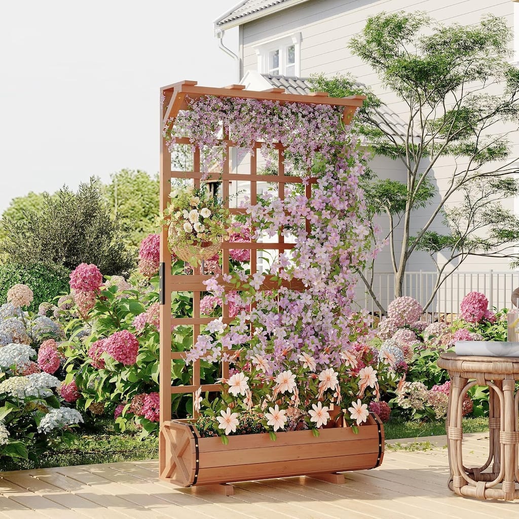 67"h Freestanding Raised Garden Bed with Trellis for Vine Climbing Plants, Flowers & Vegetables