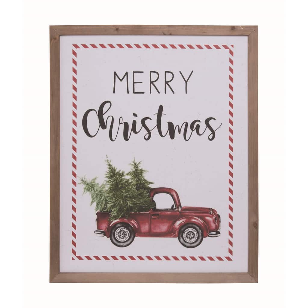 Transpac Wood 31.5 in. Off-White Christmas Tree Farm Truck with Striped Border Wall Decor