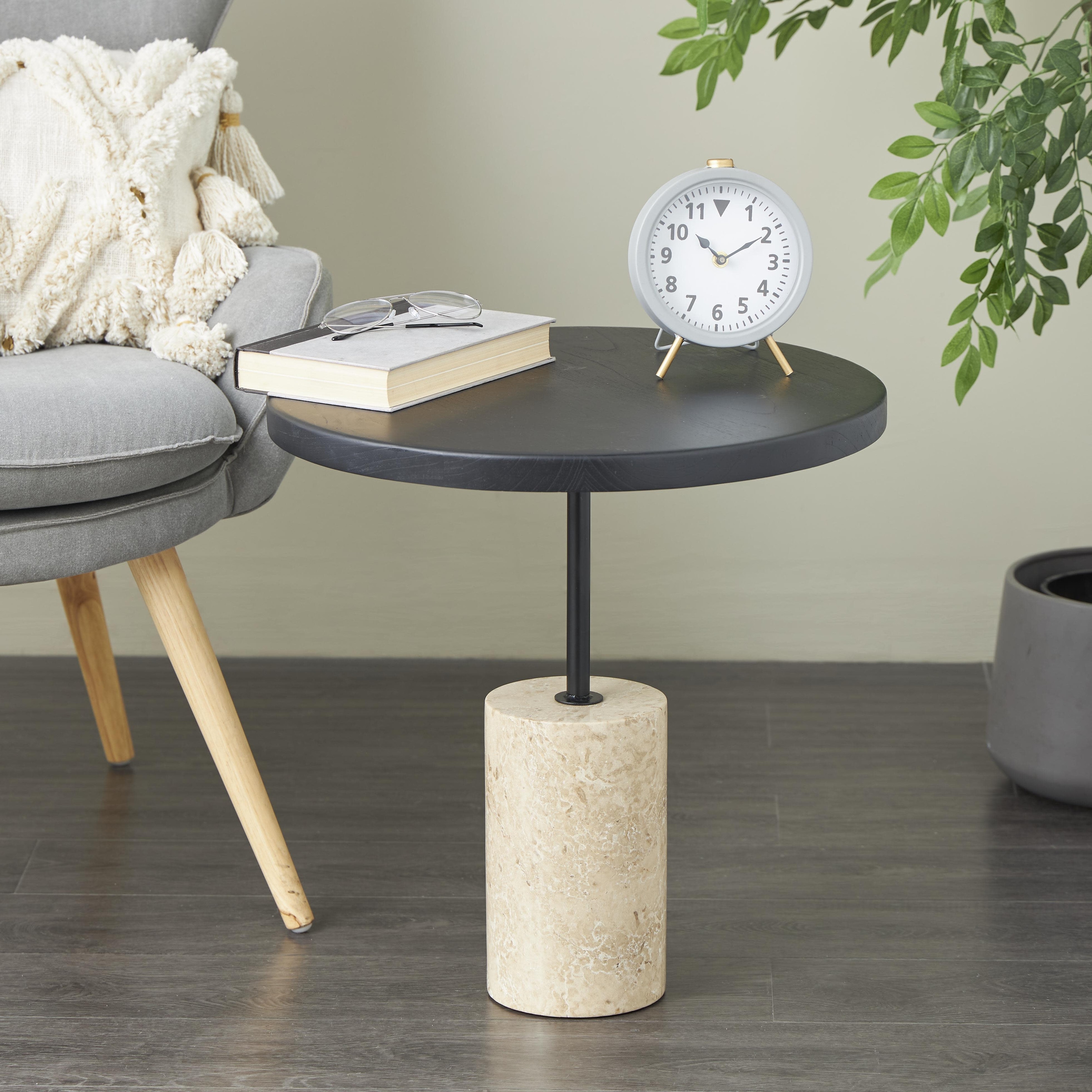 Black Wood Geometric Side End Accent Table with Ivory Marble Base