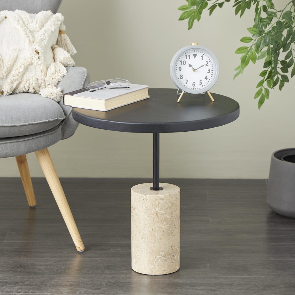 Black Wood Geometric Side End Accent Table with Ivory Marble Base