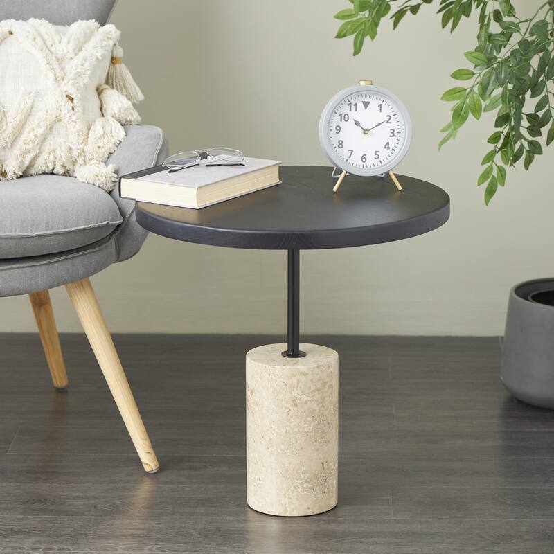Black Wood Geometric Side End Accent Table with Ivory Marble Base - Black