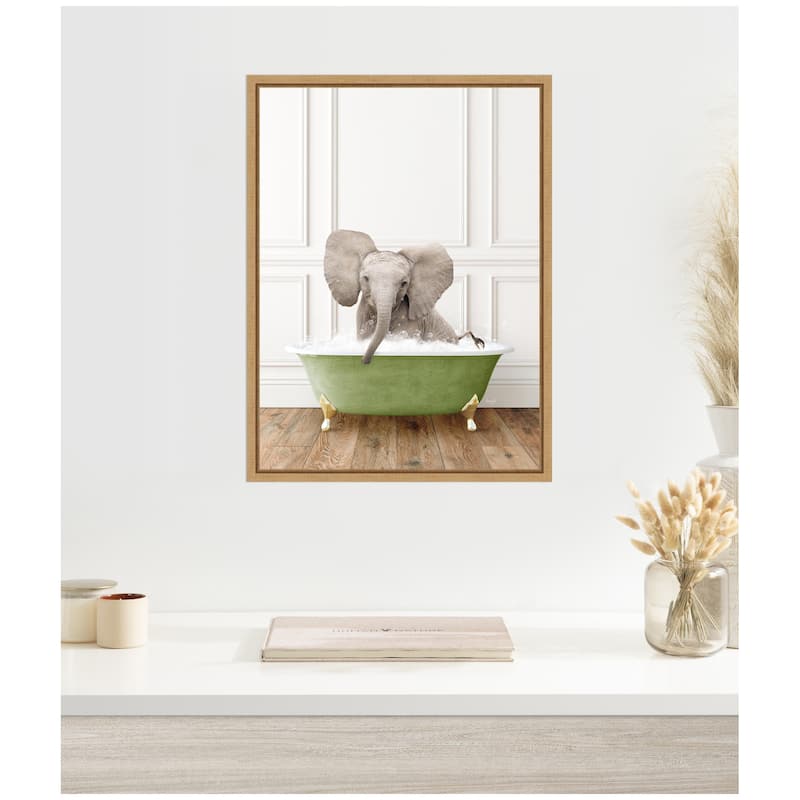 Kate and Laurel Sylvie Baby Elephant 4 in Transitional Bathtub Framed Canvas by Amy Peterson