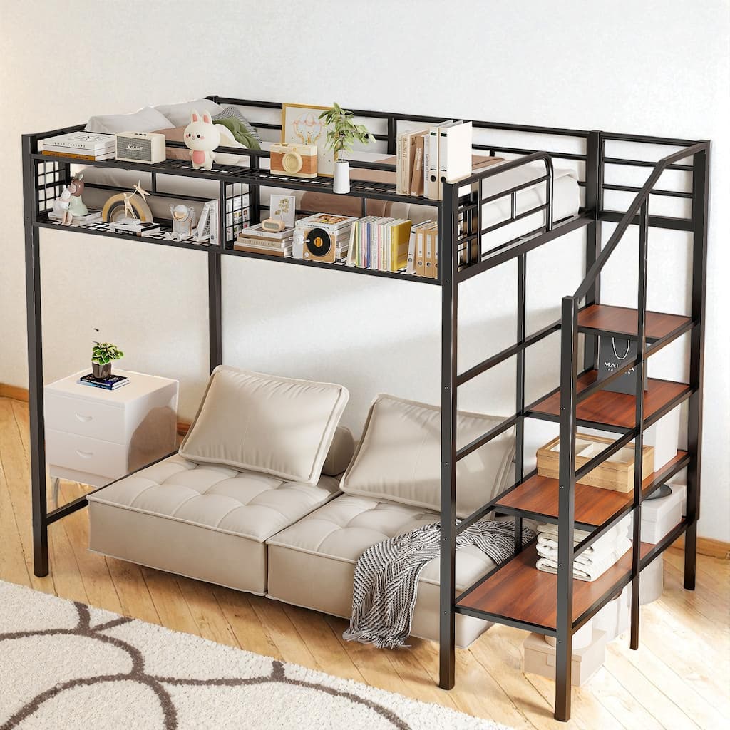 Twin Size Metal Loft Bed with Grid Storage Shelf and 4-Tier Lateral Ladder Shelves