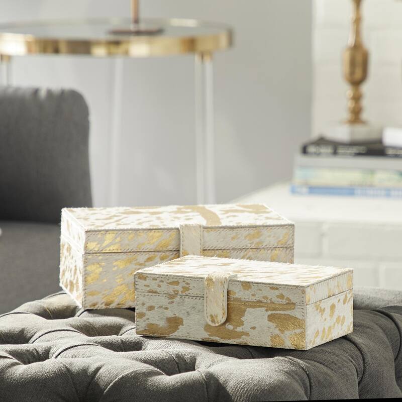 Leather Handmade Decorative Box with Hinged Lid - Set of 2 Gray, Brown, Dark Brown, Gold, Silver - Roche River Decor