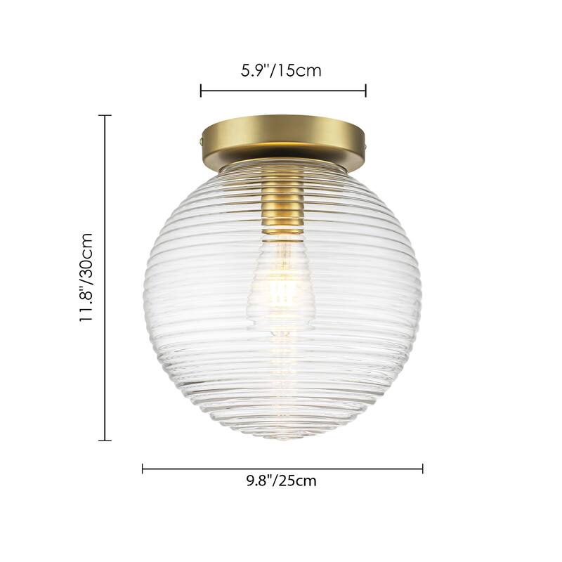 9.84 in. 1-Light Modern Brushed Gold Ribbed Clear Glass Globe Semi-Flush Mount Ceiling Light - 9.84 in. W x 10.63 in. H