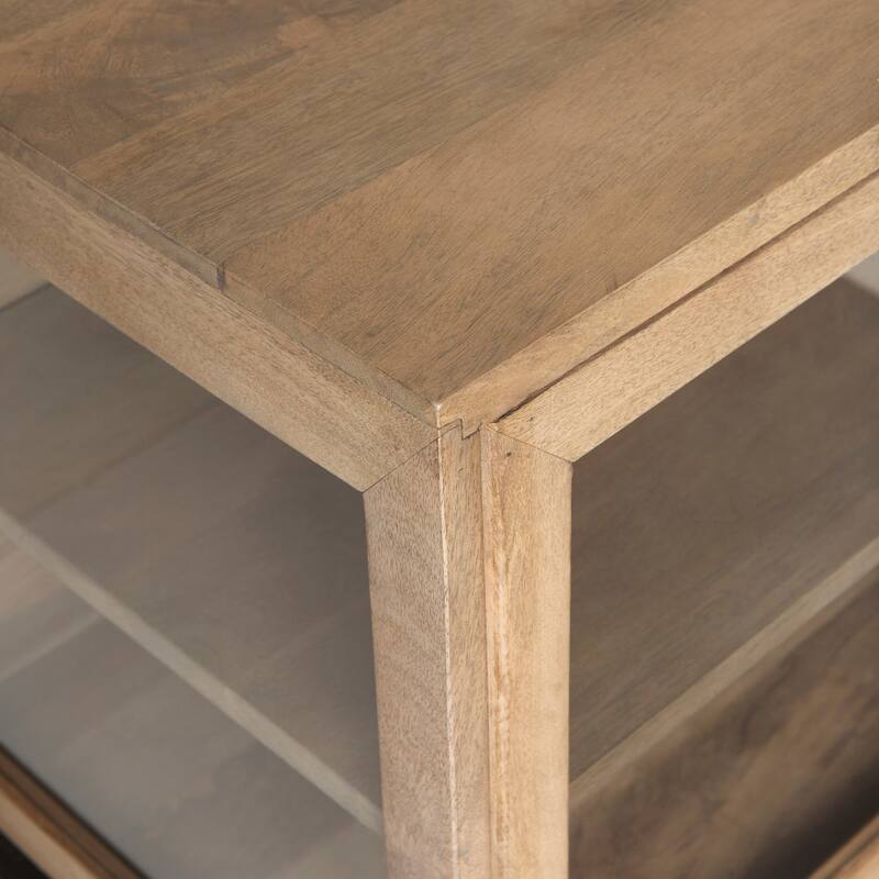 Arelius Light Brown w/ Black Metal Base 4 Door Glass Cabinet Sideboard - 70.0L x 18.0W x 32.0H