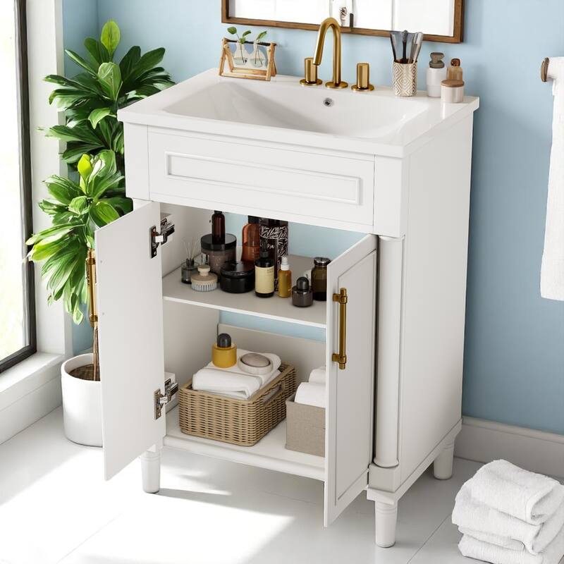 24" Bathroom Vanity with Ceramic Sink - Compact Cabinet with 2 Doors, Adjustable Shelf, Solid Wood Frame, Soft-Close Hinges