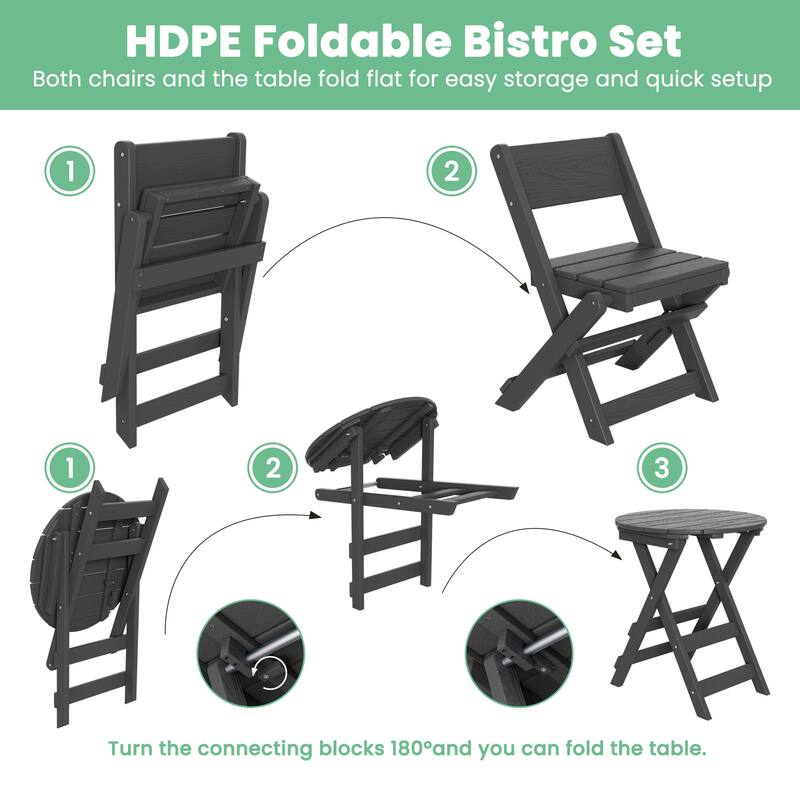3-Piece Outdoor HDPE Bistro Set, Waterproof, Weather-Resistant & Foldable
