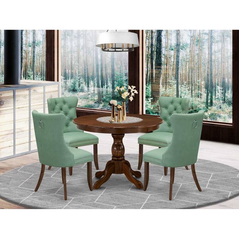 Modern 5 Piece Dining Set - Round Table & 4 Chairs - Walnut Finish