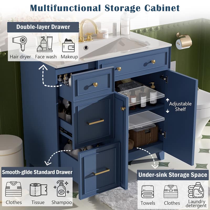 36" Bathroom Vanity with Ceramic Sink, Soft-Close Doors, Drawers, Adjustable Shelf, Modern Storage Cabinet