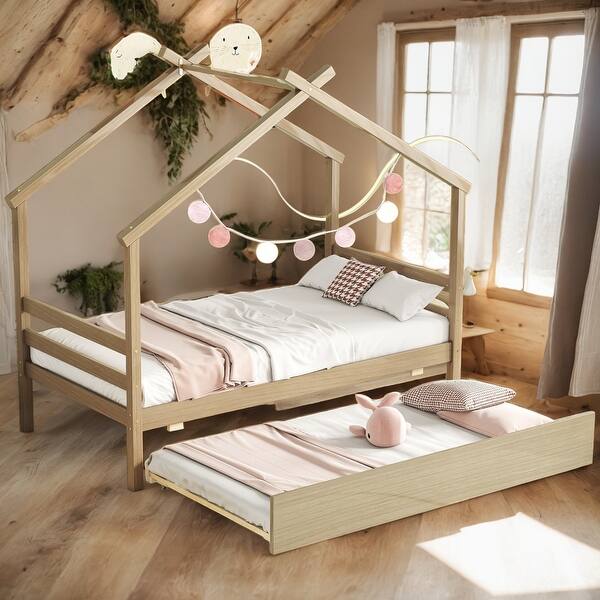 slide 2 of 38, Twin Size House-shaped Platform Bed with Pull-out Trundle