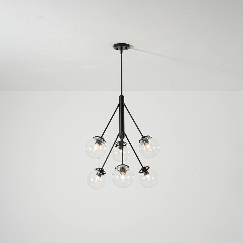 6-Light Modern Glam Sputnik Brass/Matte Black Finish Dimmable Chandelier with Clear Glass Globe for Living & Dining Room