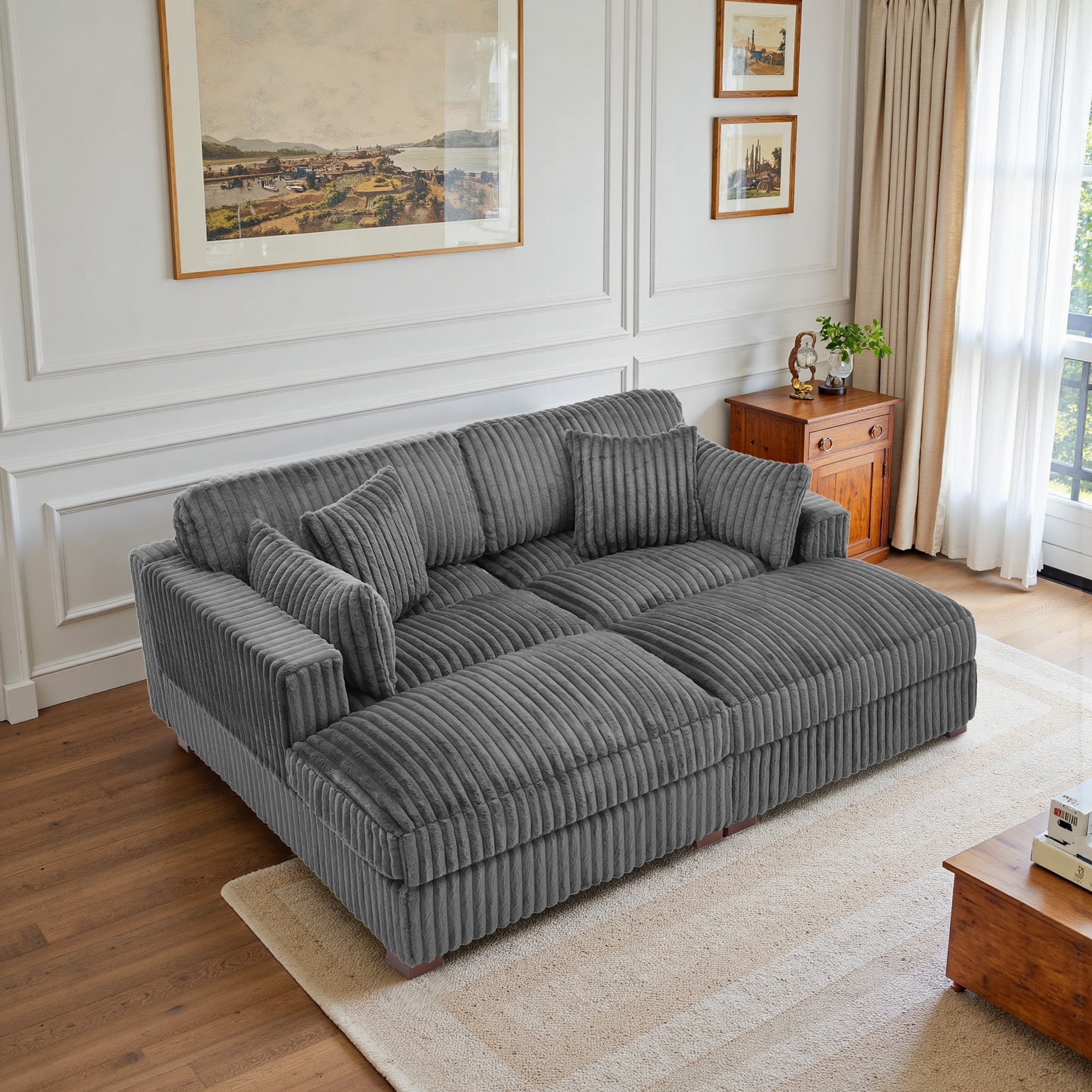82" W Plush Corduroy Modular Sectional Sofa Chaise Lounge