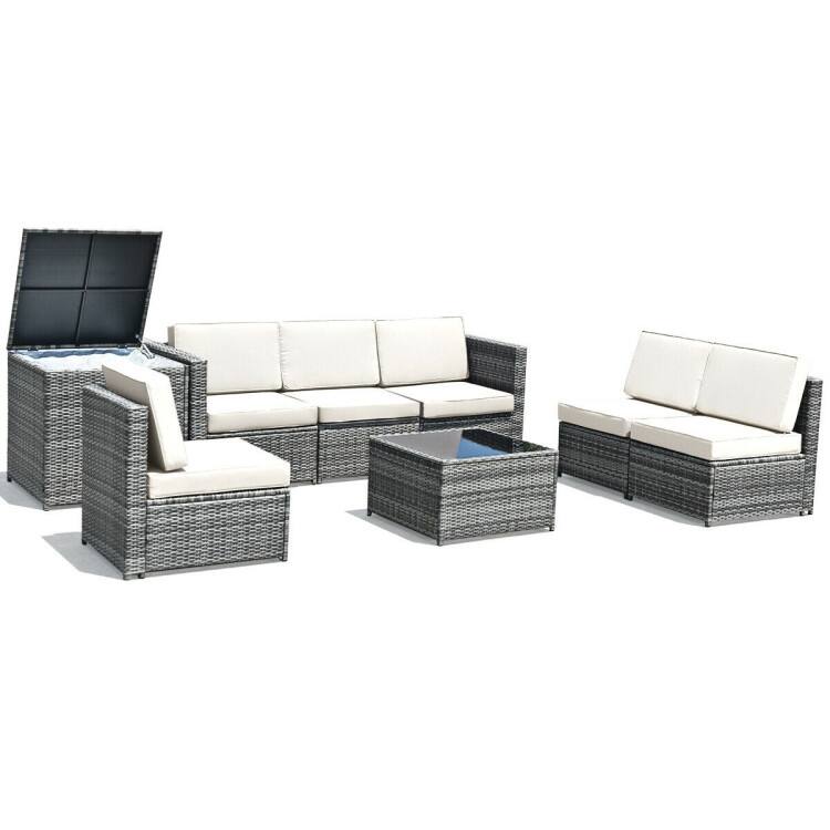 8 Piece Wicker Sofa Rattan Dinning Set Patio Furniture with Storage Table - 23" x 26" x 29.5"