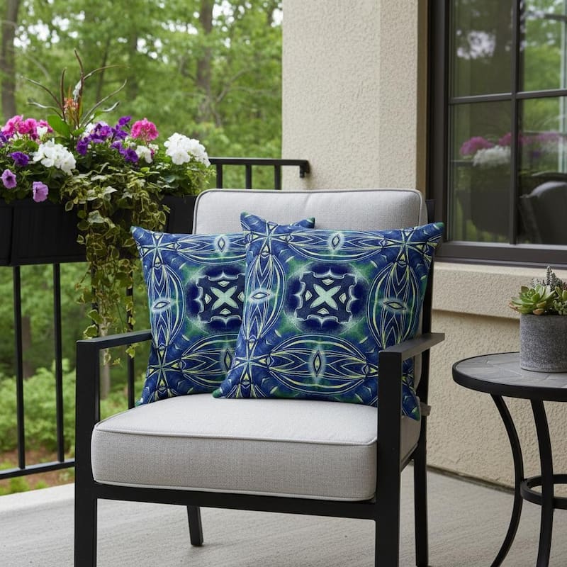 HomeRoots Set of Two 16" X 16" Blue and Green Blown Seam Floral Indoor Outdoor Throw Pillow - 16.00' X '16.00' X '5.00 - Blue/Green - 16.00' X '16.00' X '5.00