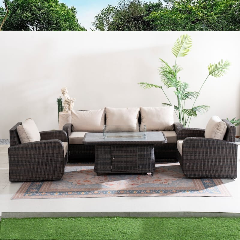 4/5-Piece PE Wicker Outdoor Sofa Set with 50,000 BTU Propane Fire Pit Table
