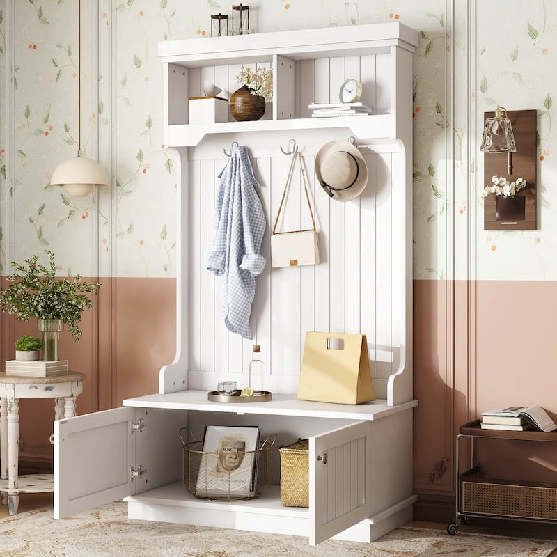 GDFStudio - Cherry Hall Tree with Shoe Bench, Coat Hooks and Display Shelves - 4-in-1 Entryway Organizer