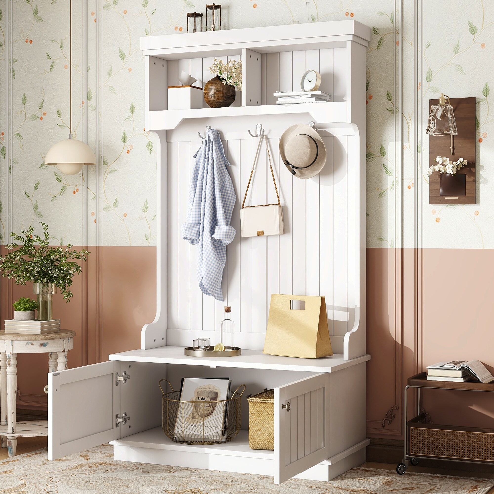 GDFStudio - Cherry Hall Tree with Shoe Bench, Coat Hooks and