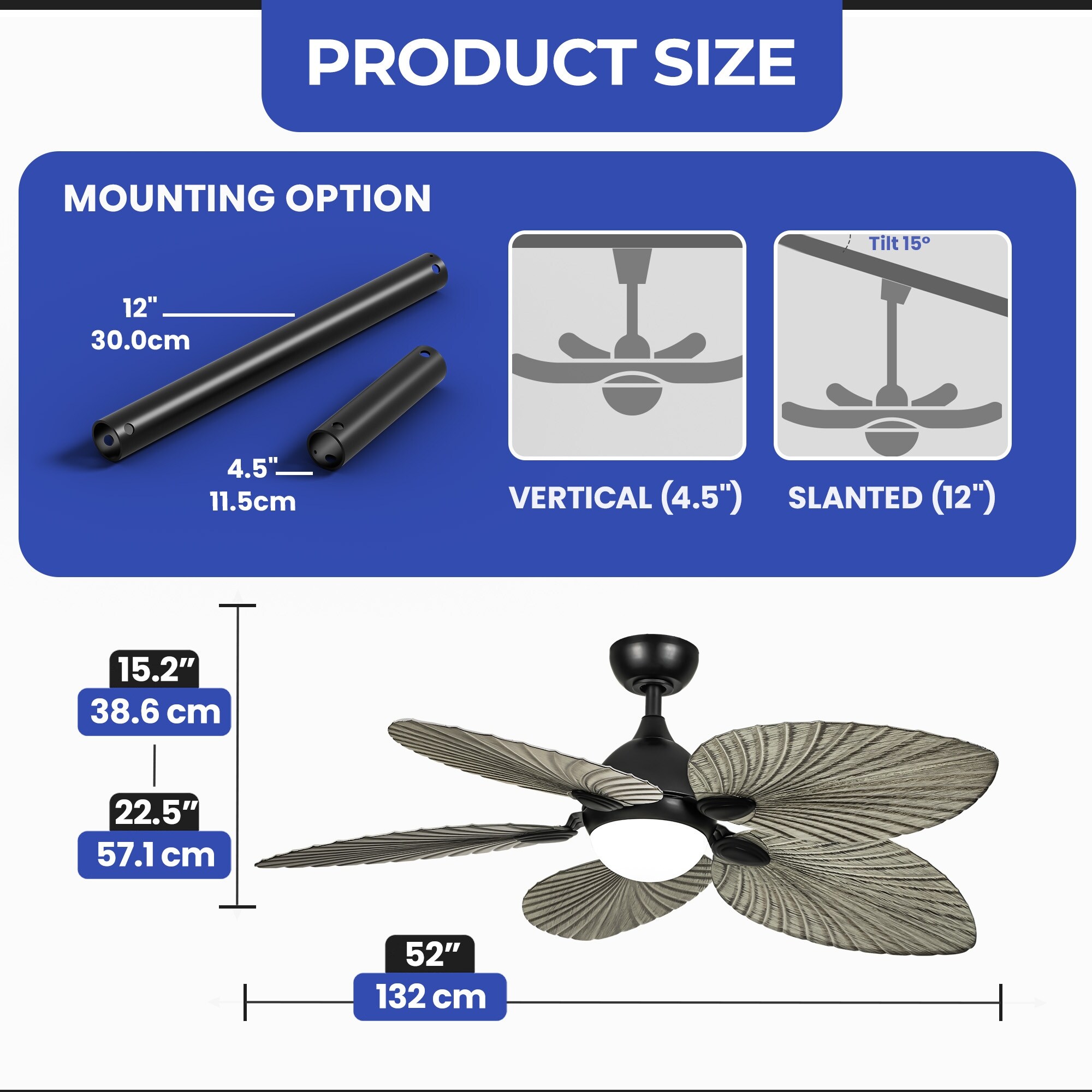 Silent Operation Tropical Ceiling Fan - 52 Inch, DC Motor, 6-Speed