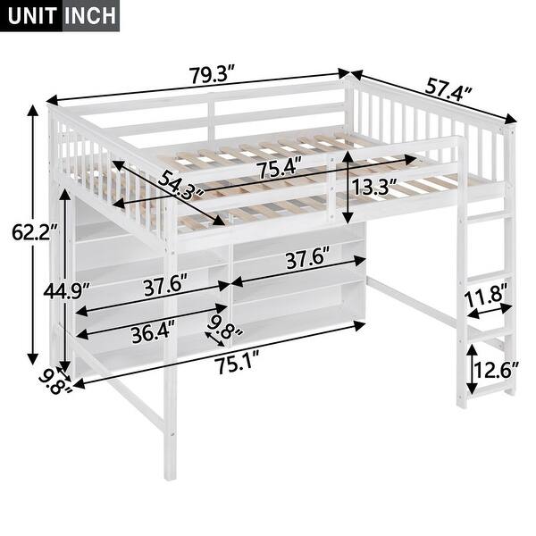 dimension image slide 1 of 2, Full Size Loft Bed with 8-Open Storage Shelves, Wooden Kids Loft Bed Frame with Built-in Ladder, White