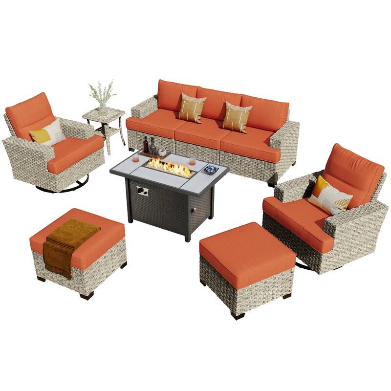 HOOOWOOO 9-piece Wicker Patio Furniture Swivel Rocking Chair Set with Fire Pit