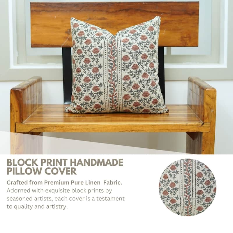 Fabdivine Handmade 26x26 Inch Linen Floral Pillow Cover for Chair, Dining or Bed Brown Soft Block Print Cushioncase, Khoobsurat